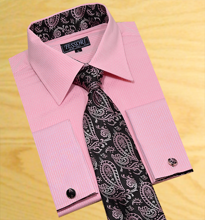 Tessori Rose With Light Pink wavy Pinstripe Dress Shirt With / Tie / Hanky  Set With Free Cufflinks SH-302